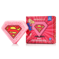 Supergirl themed pink diamond shaped body wash infused buffer sponge next to its packaging box