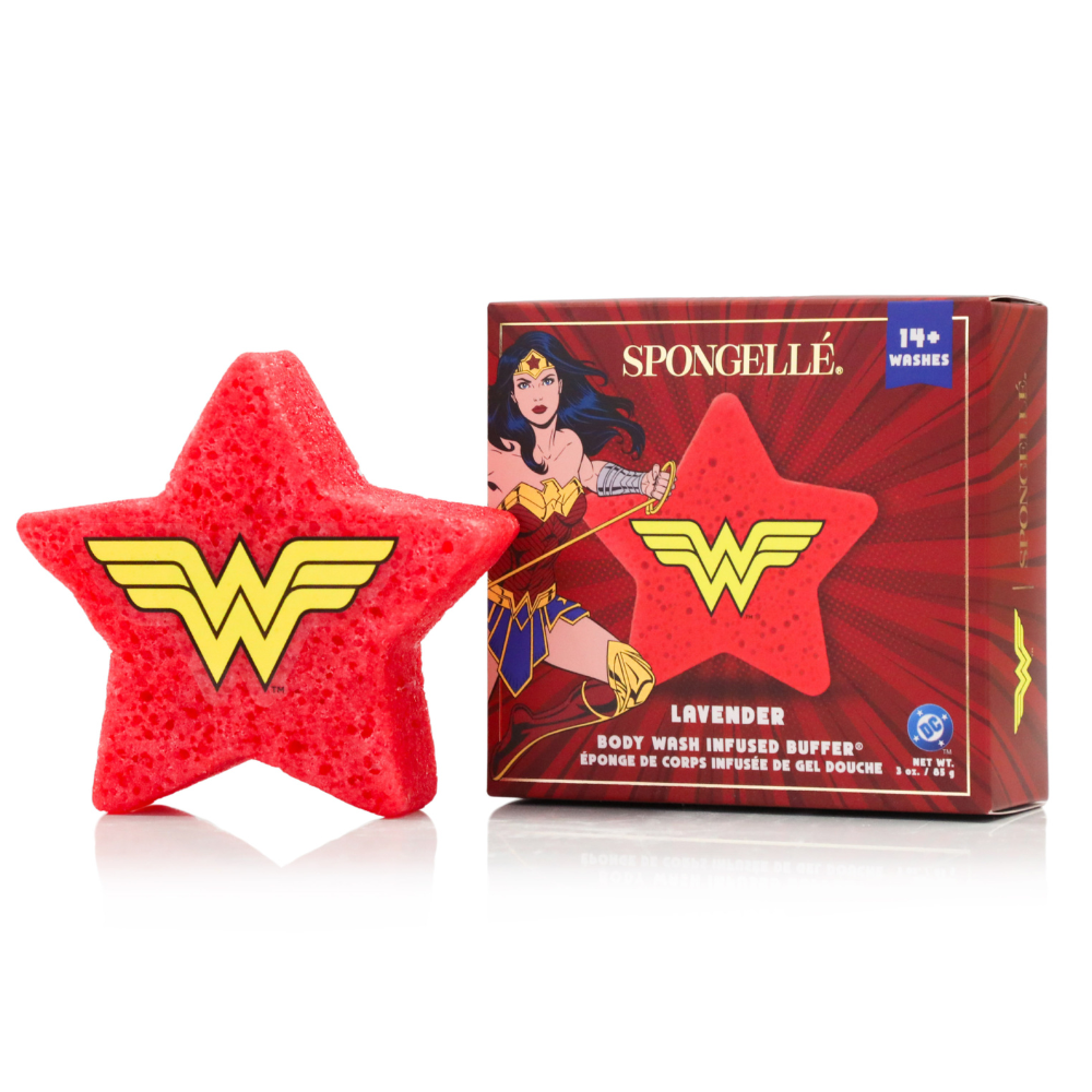 Red star-shaped Wonder Woman body wash infused buffer next to its packaging.