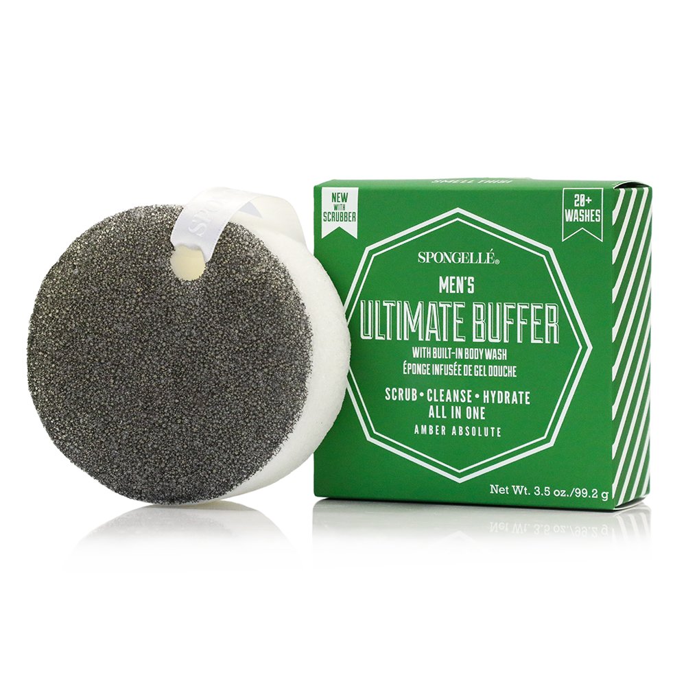Spongelle Mens Ultimate Buffer in Amber Absolute with built-in body wash and black exfoliating side.