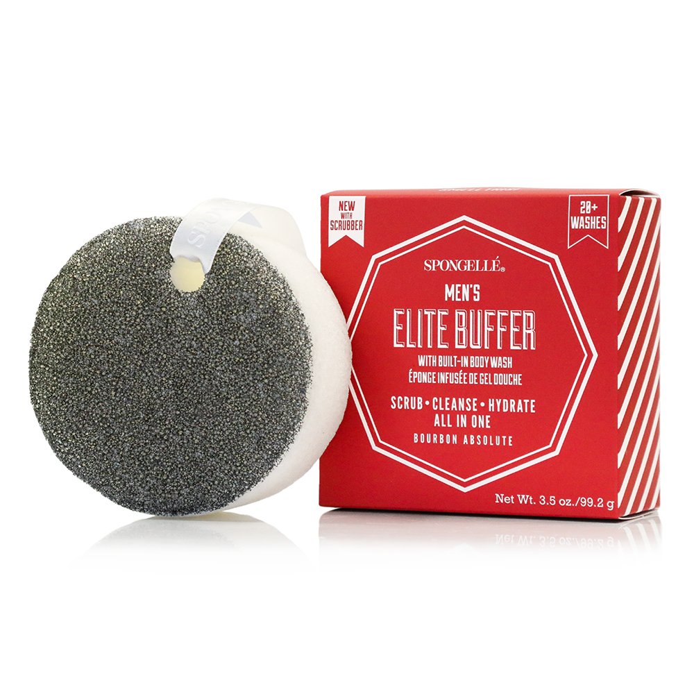 Men's Elite Buffer in Bourbon Absolute next to its red retail packaging.