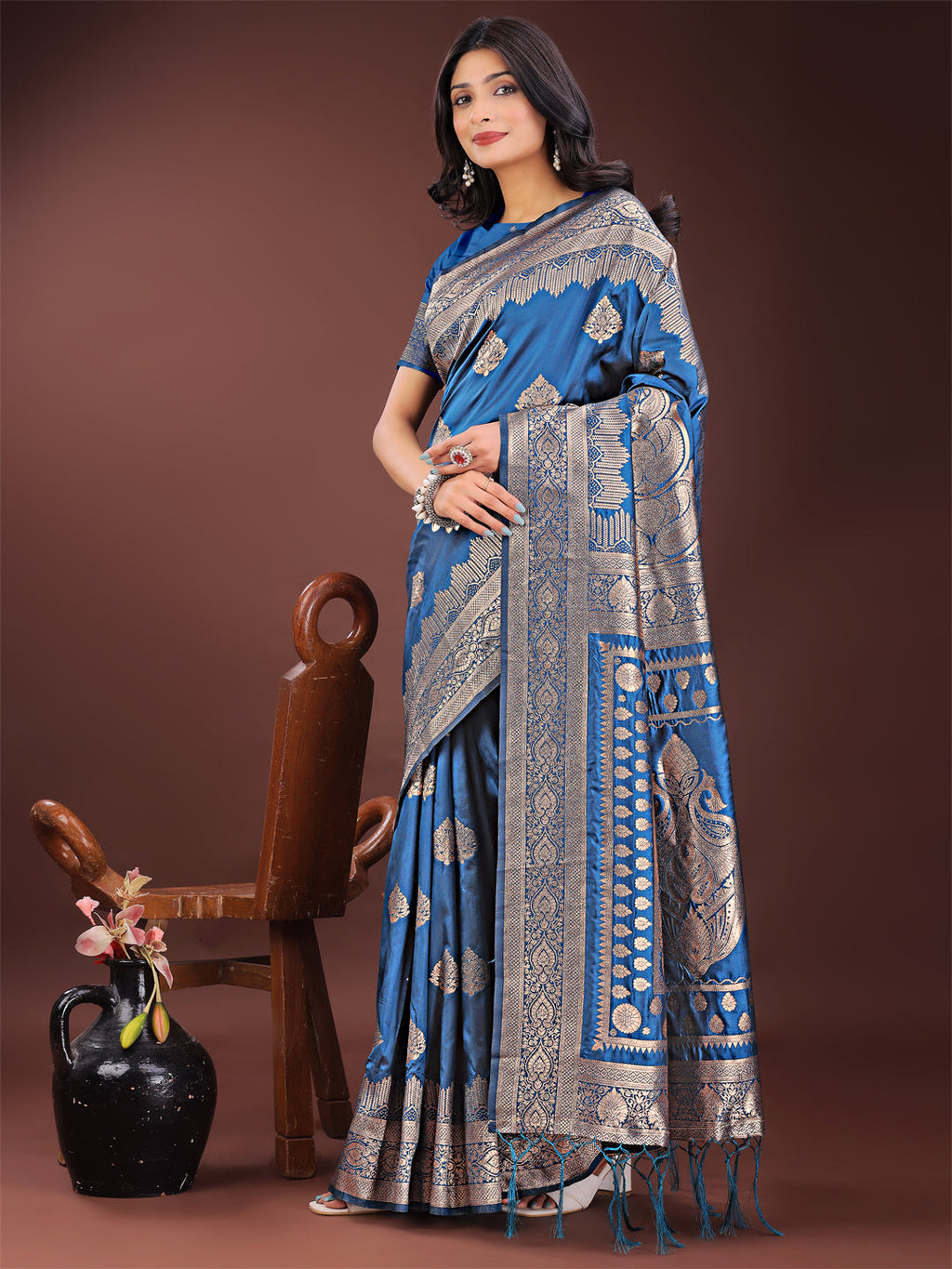 Shree Shyam Fashion Graceful Royal Blue Banarasi Silk Saree with Silver Zari - Perfect Ethnic Wear for Weddings & Festive Moments