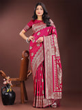 Magenta Banarasi silk saree with detailed silver zari weaving and traditional ethnic borders