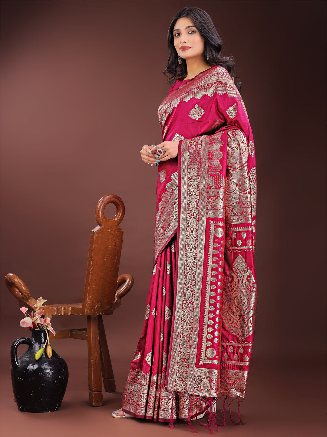 Magenta Banarasi Silk Saree with Intricate Silver Zari Work