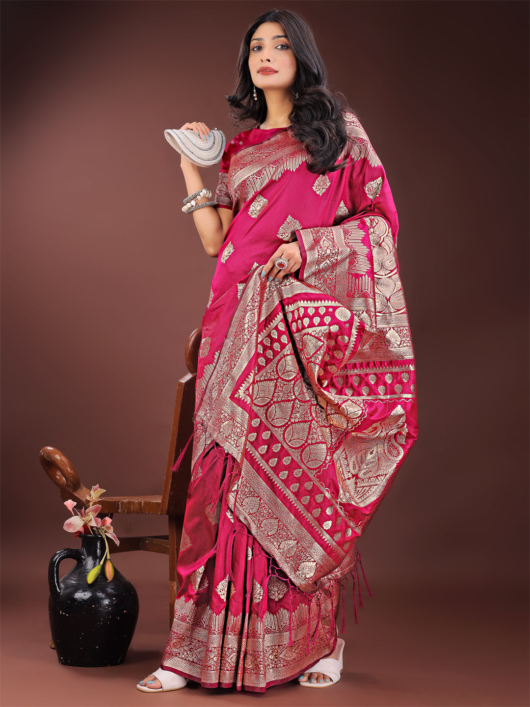 Magenta Banarasi Silk Saree with Intricate Silver Zari Work