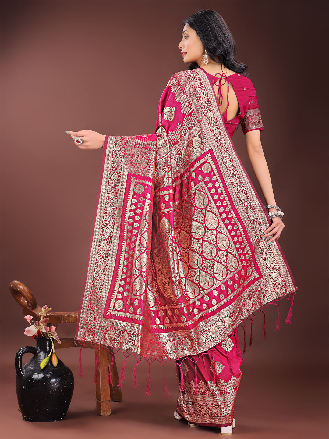 Magenta Banarasi Silk Saree with Intricate Silver Zari Work