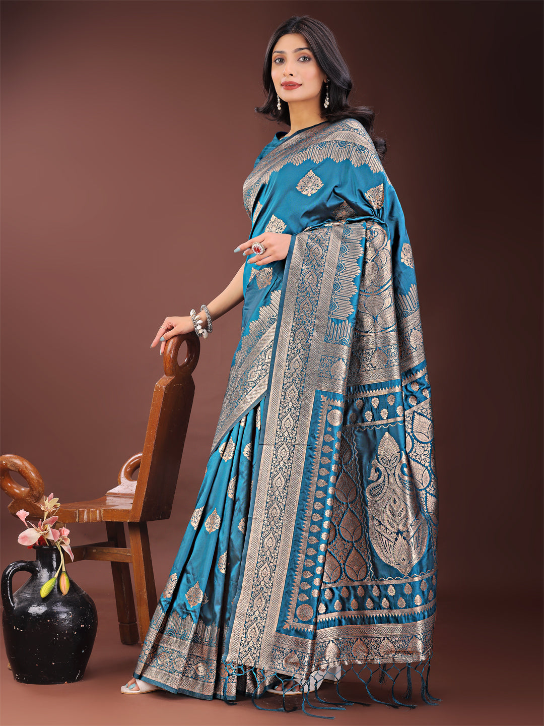 Shree Shyam Fashion Graceful Teal Banarasi Silk Saree with Silver Zari - Perfect Ethnic Wear for Weddings & Festive Moments