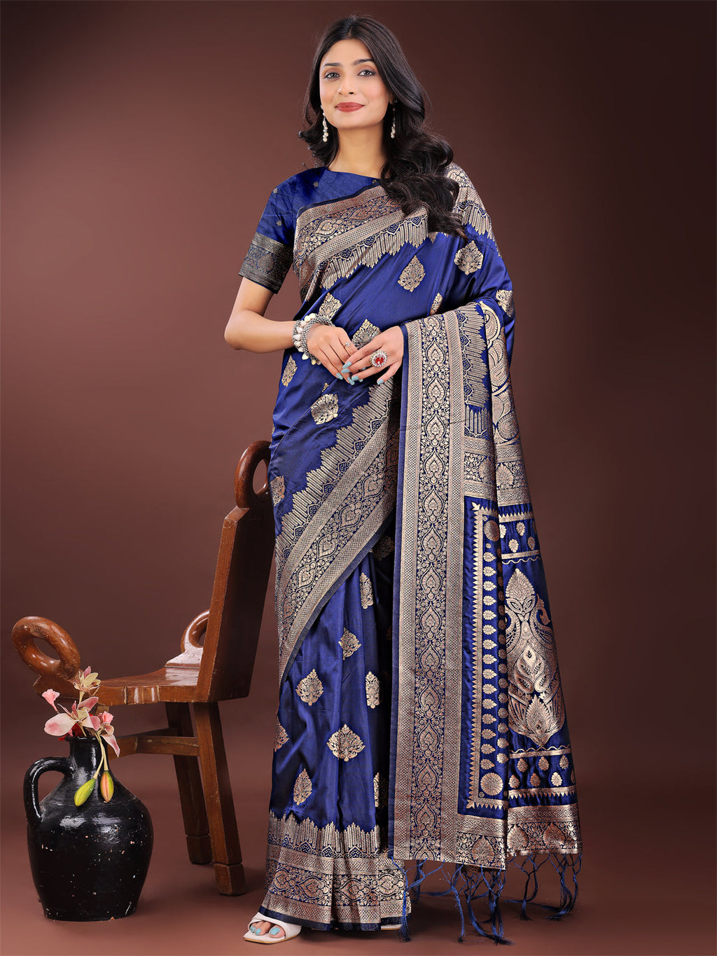 Elegant Navy Blue Banarasi Silk Saree with silver zari accents for weddings
