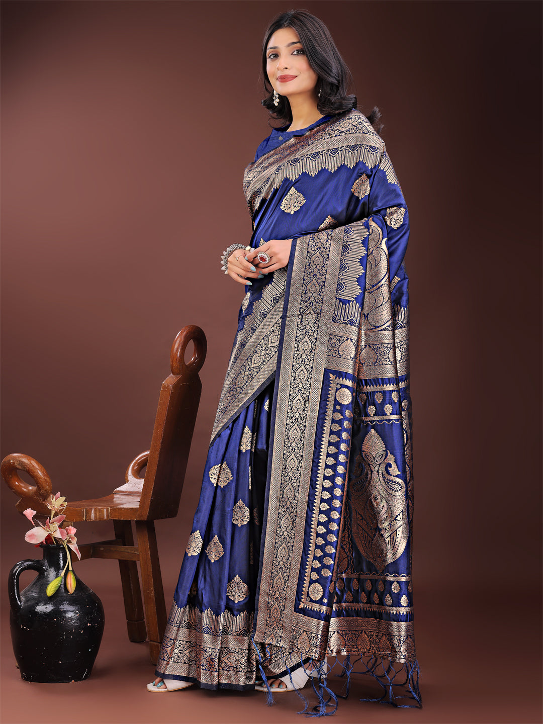 Navy Blue Banarasi Silk Saree with Elegant Silver Zari Detailing