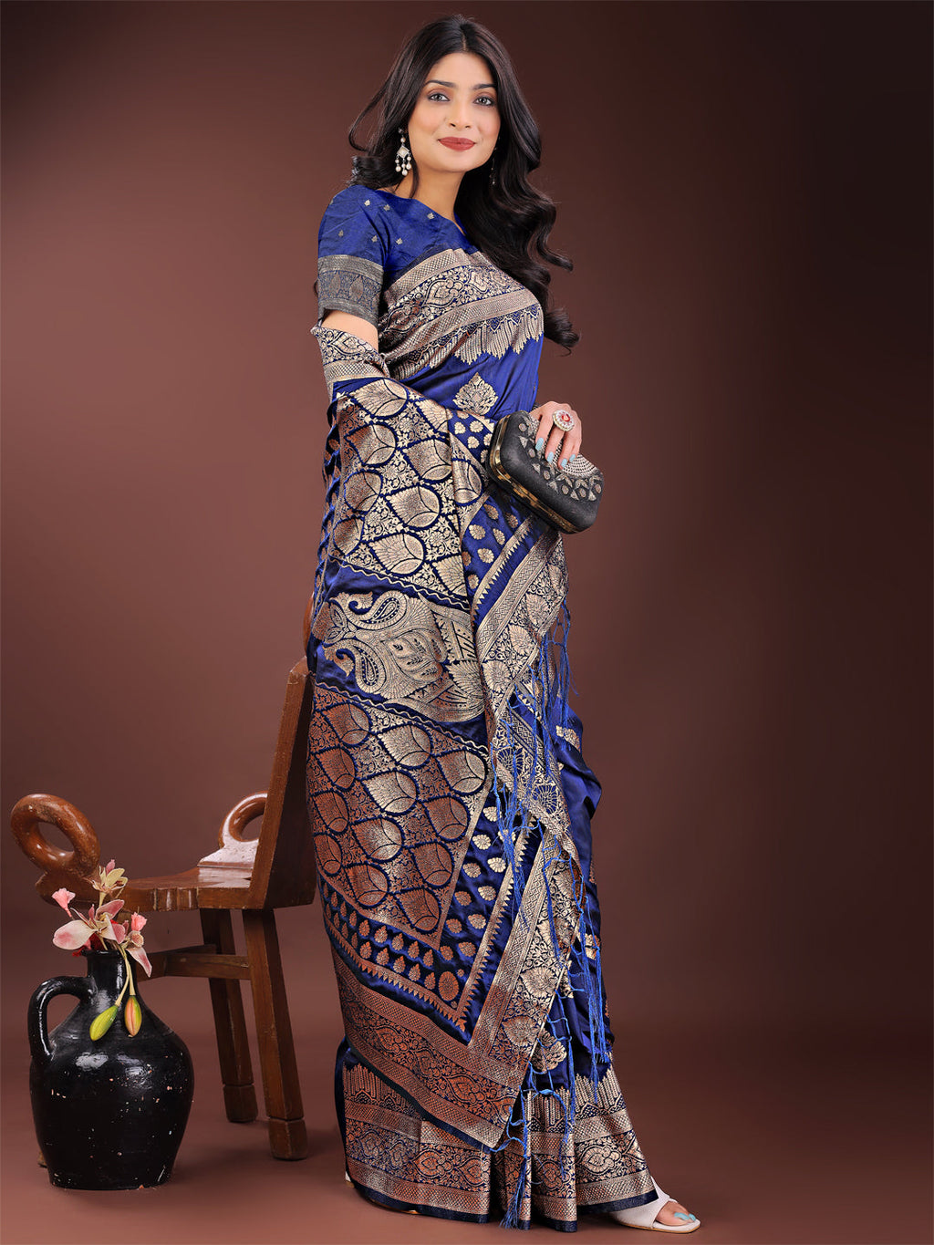 Navy Blue Banarasi Silk Saree with Elegant Silver Zari Detailing