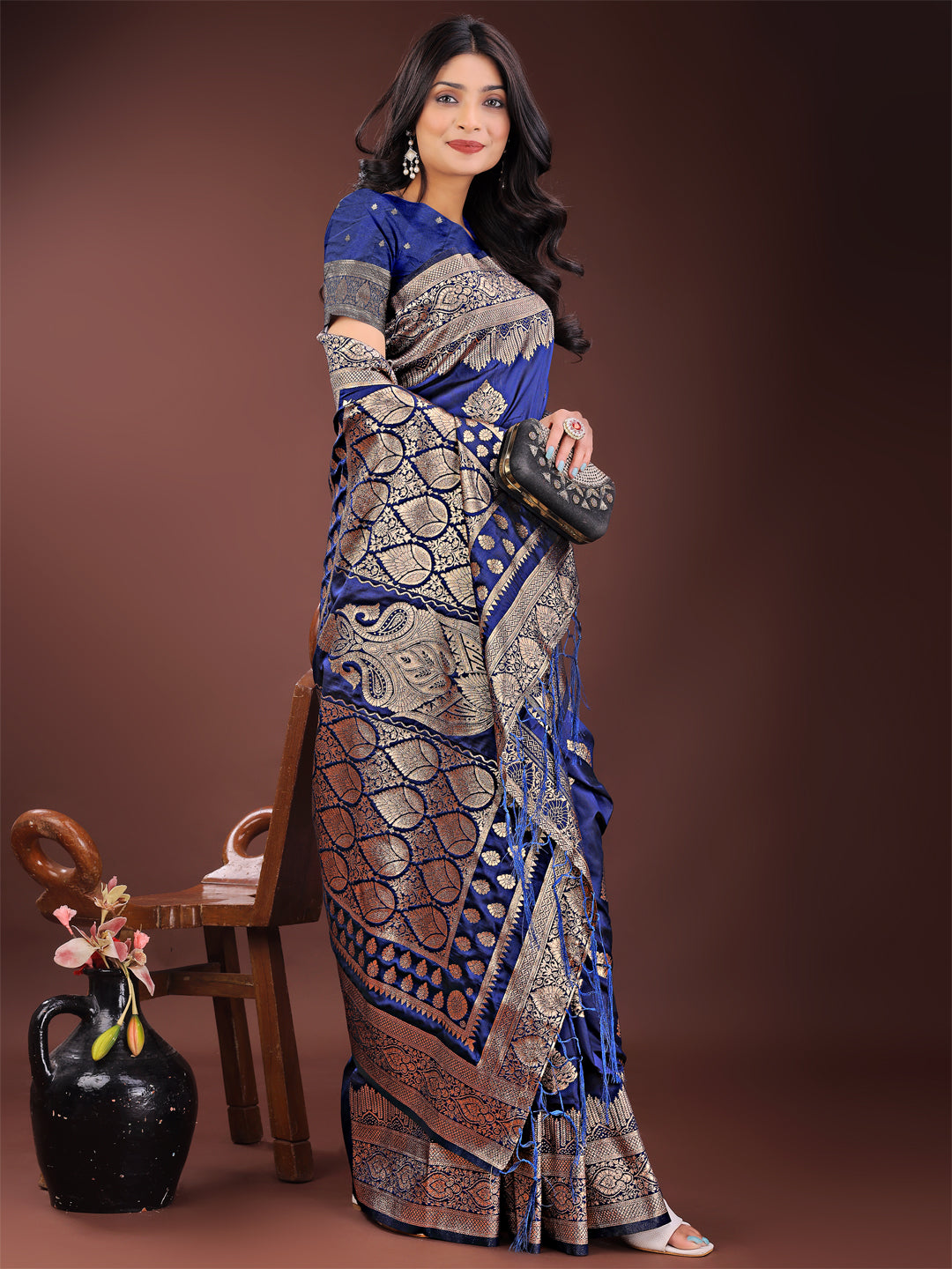 Navy Blue Banarasi Silk Saree with Elegant Silver Zari Detailing
