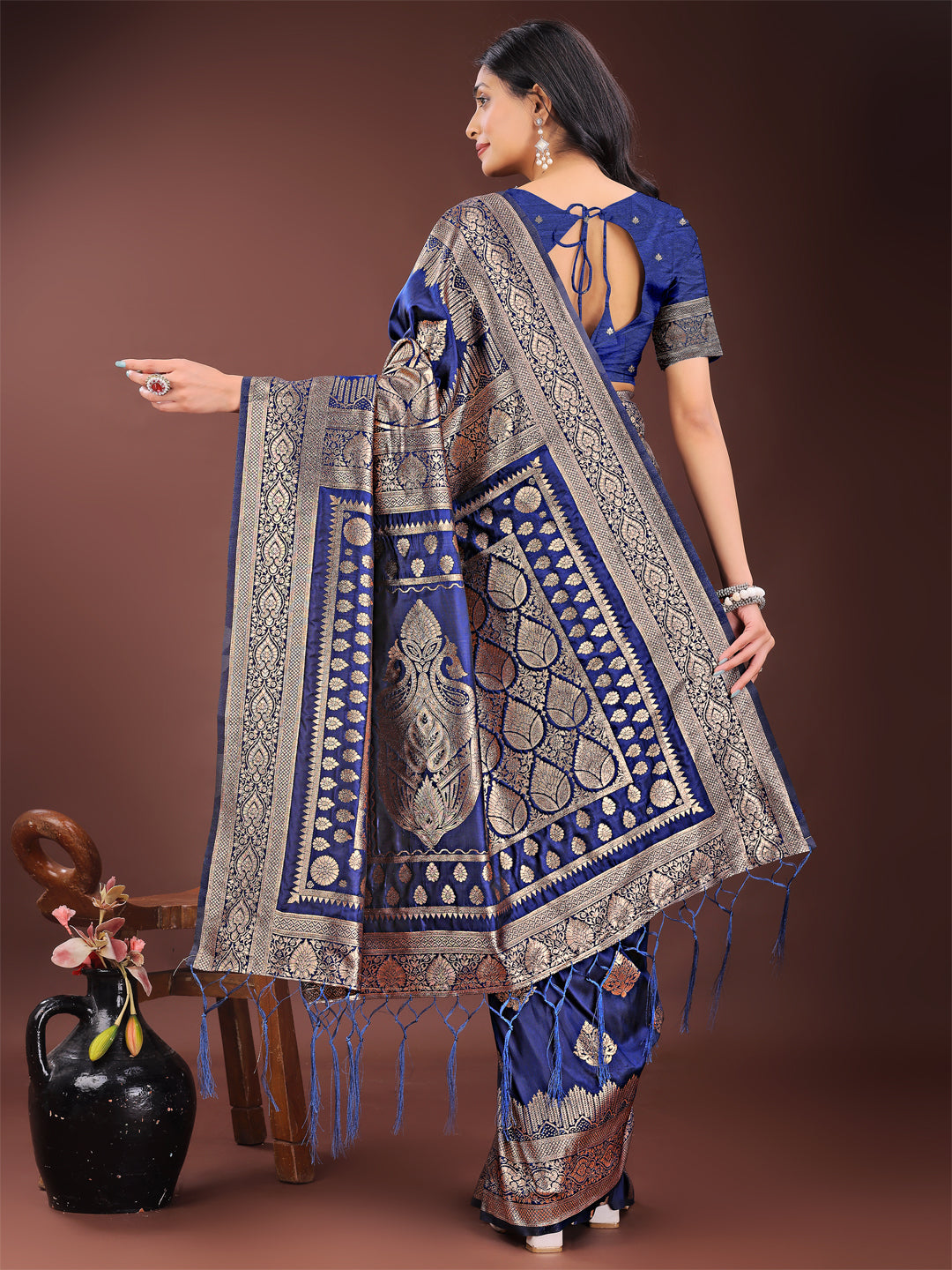Navy Blue Banarasi Silk Saree with Elegant Silver Zari Detailing