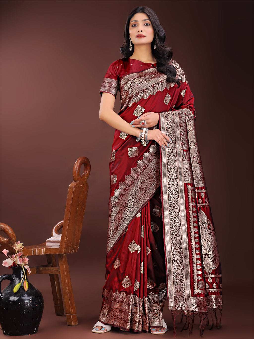 Maroon Banarasi silk saree with intricate silver zari work