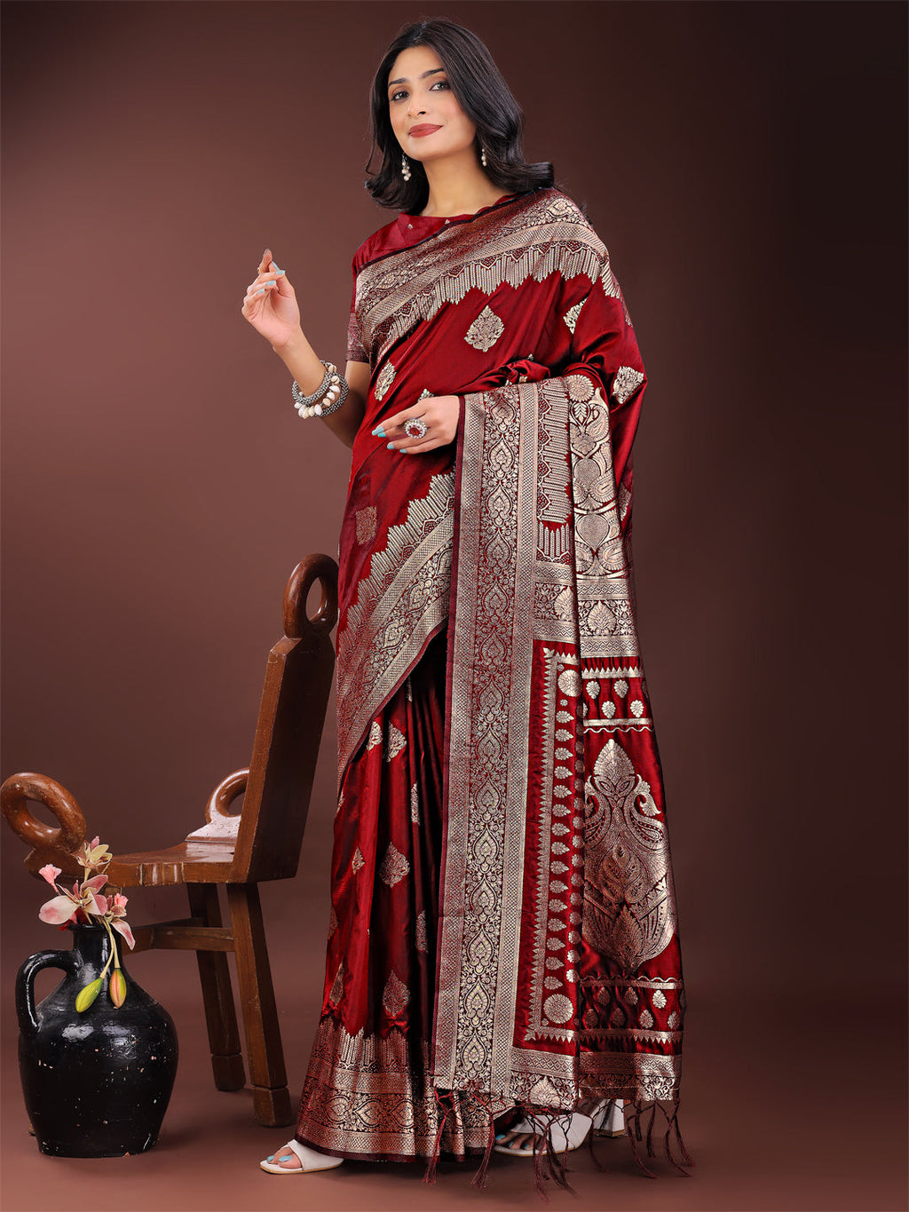 Maroon Banarasi Silk Saree with Silver Zari Detailing