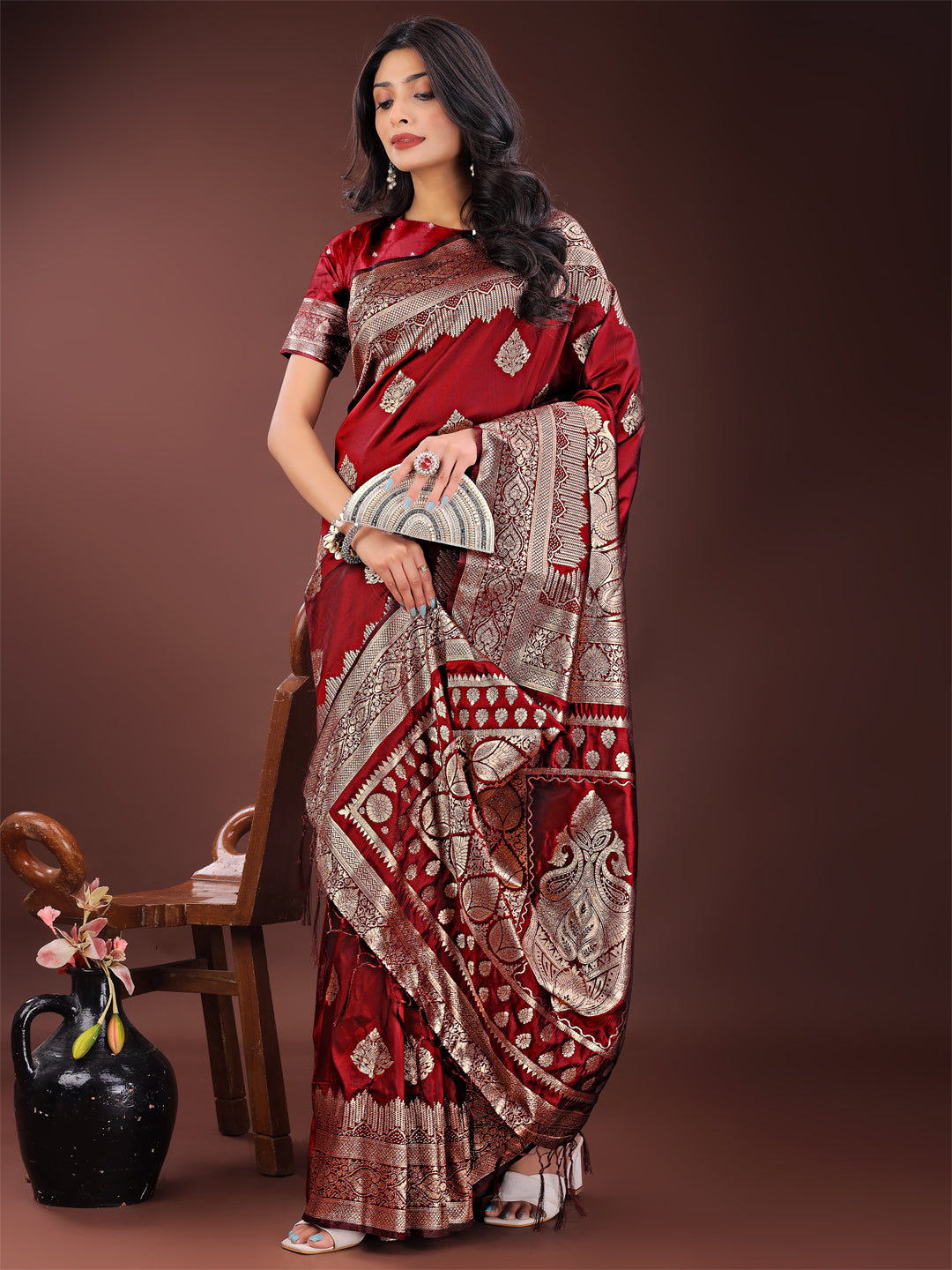 Maroon Banarasi Silk Saree with Silver Zari Detailing