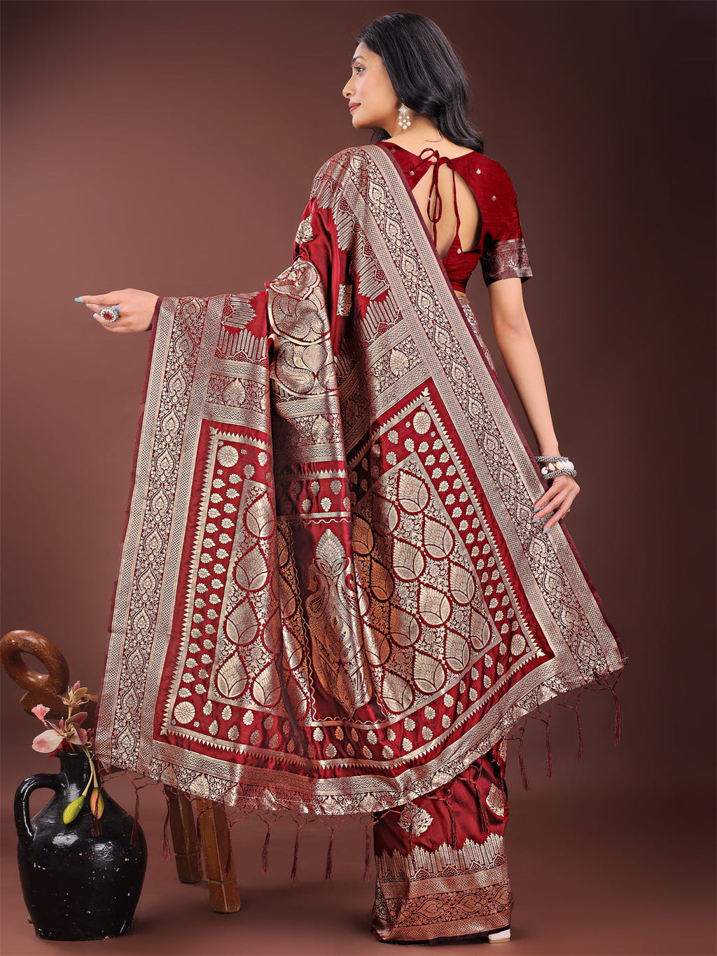 Maroon Banarasi Silk Saree with Silver Zari Detailing