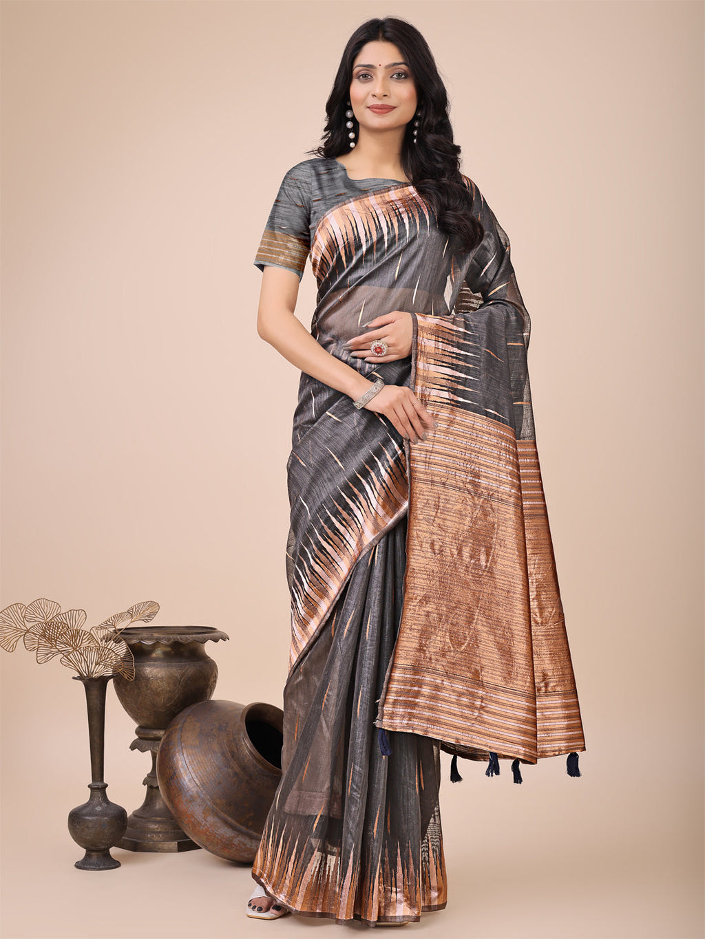 Charcoal Black Linen Cotton saree with abstract print and copper zari pallu drape