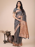 Charcoal Black Linen Cotton saree with abstract print and copper zari pallu drape