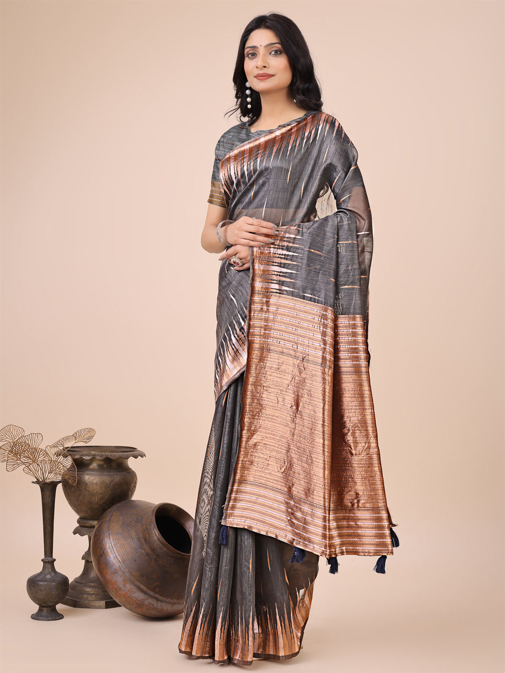 Charcoal Black Linen Cotton Saree with Abstract Print & Copper Zari