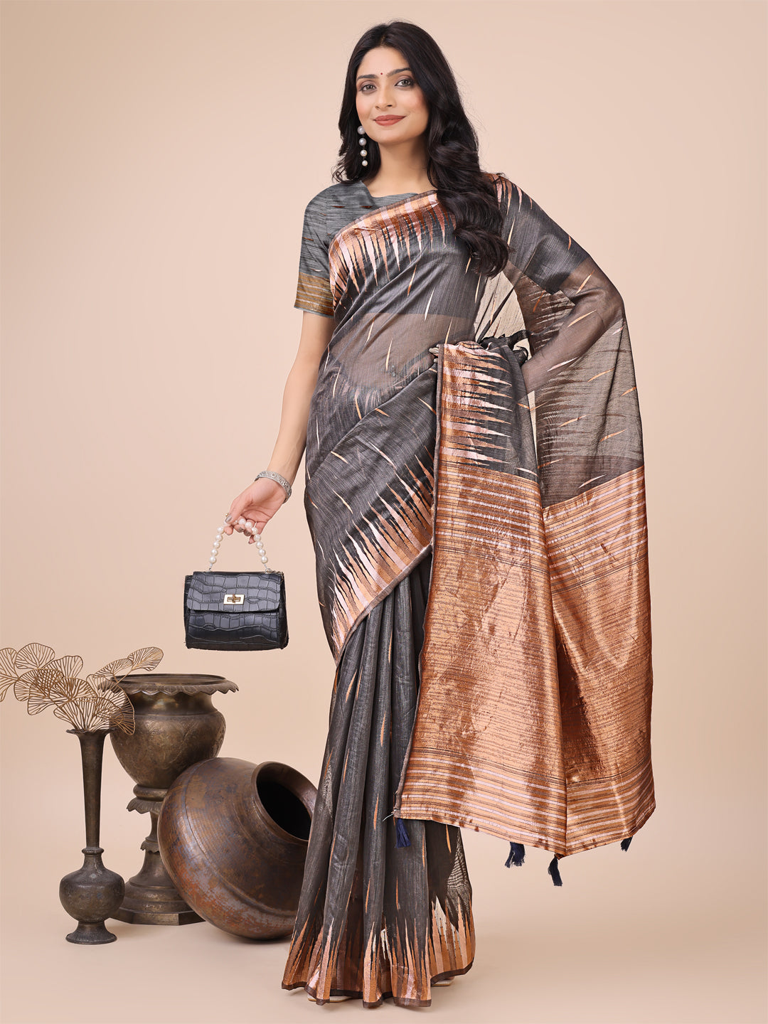 Charcoal Black Linen Cotton Saree with Abstract Print & Copper Zari