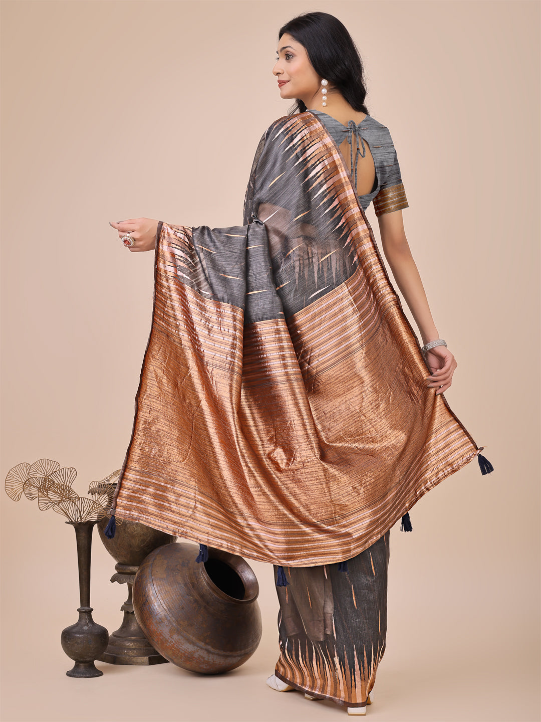 Charcoal Black Linen Cotton Saree with Abstract Print & Copper Zari