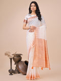 Shree Shyam Fashion Elegant White Linen Cotton Saree with Copper Zari Pallu and Artistic Brush Pattern - Festive & Formal Wear