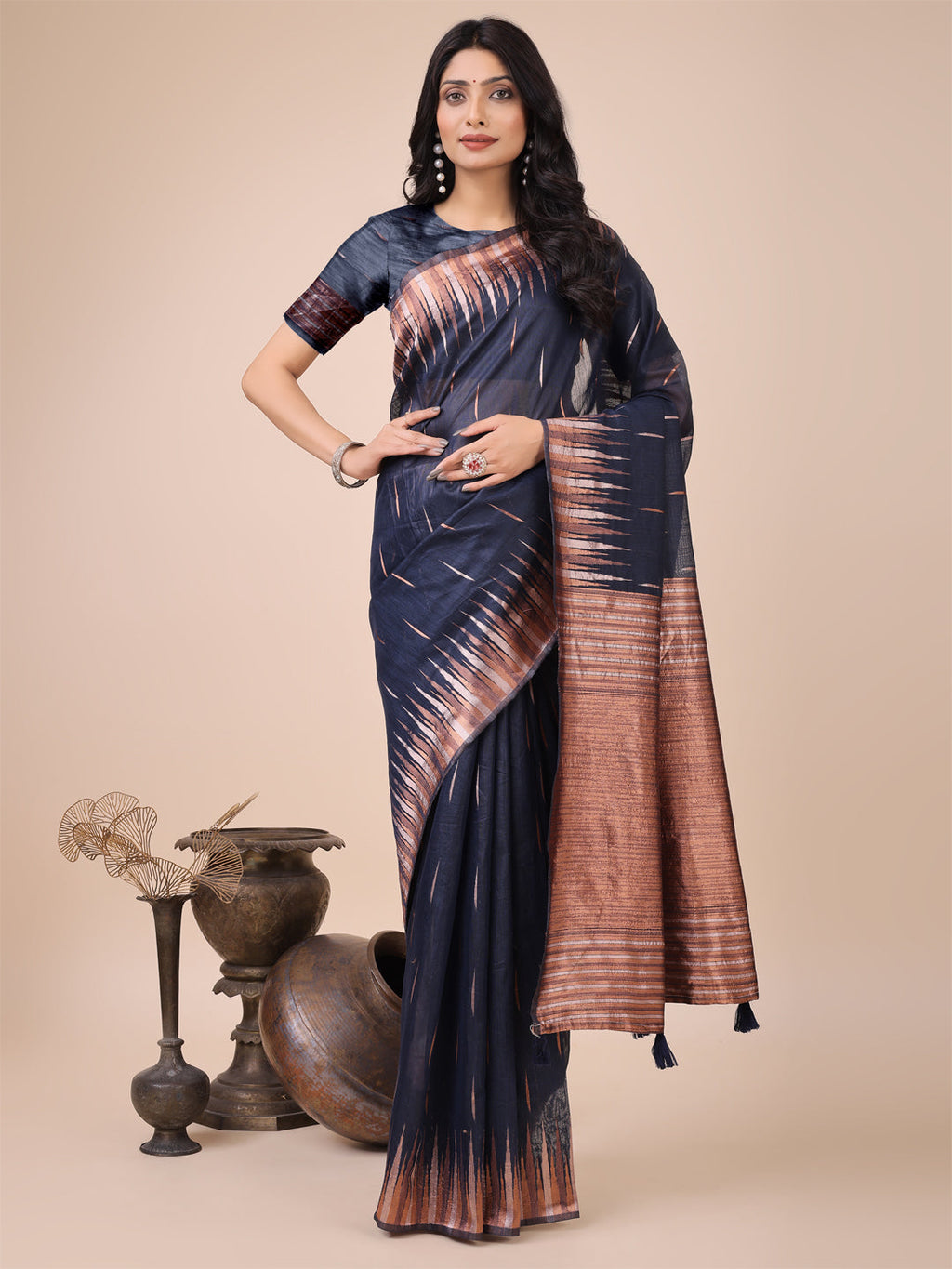Navy blue linen cotton saree with brushstroke prints and copper zari pallu