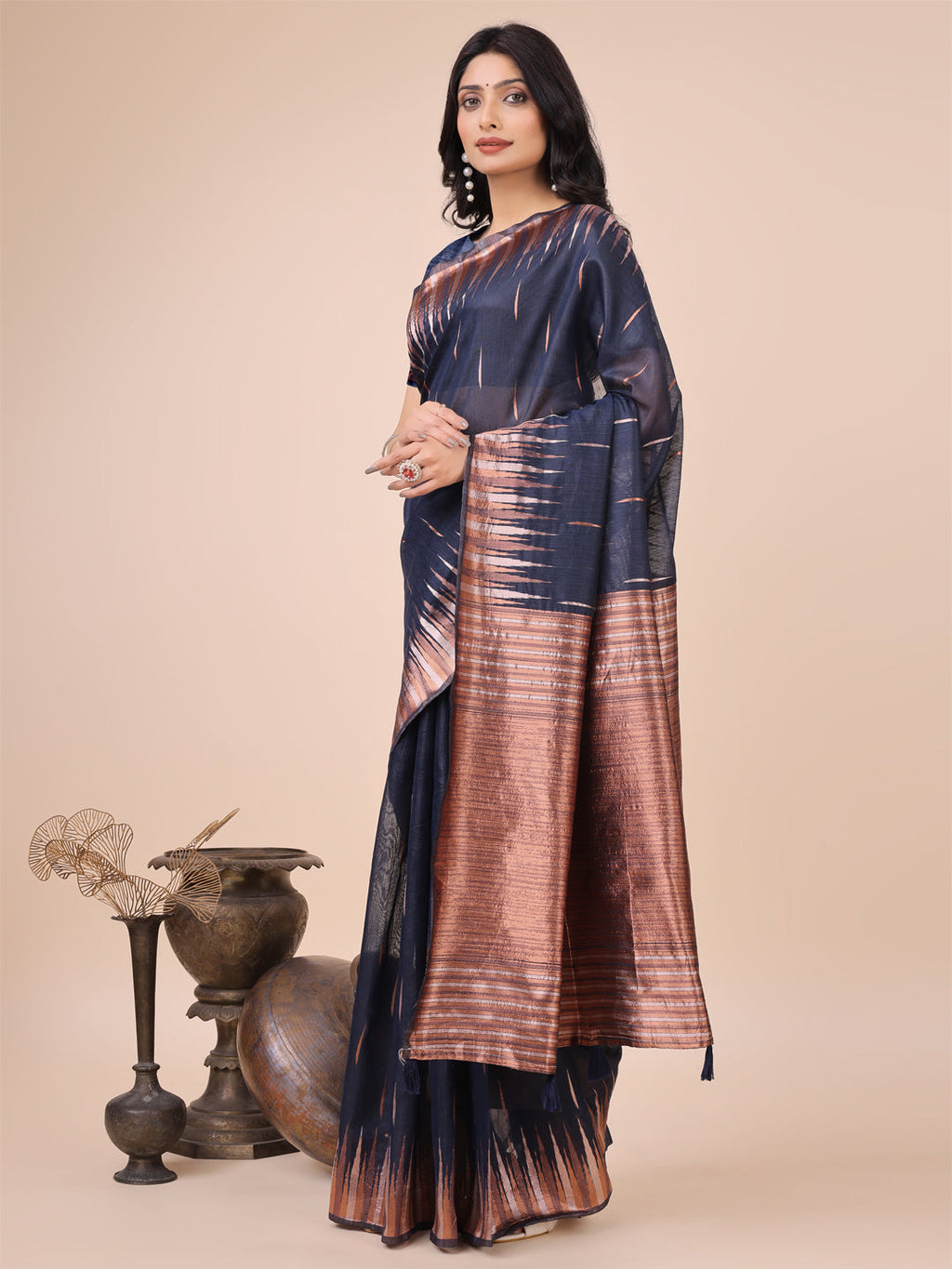 Navy Blue Linen Cotton Saree with Copper Zari Pallu