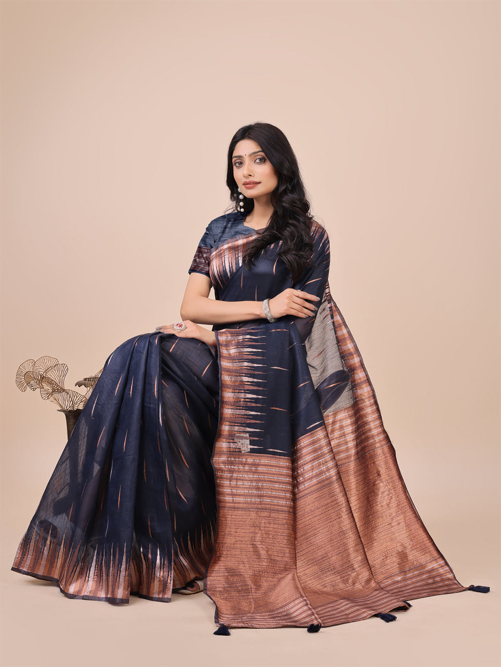 Navy Blue Linen Cotton Saree with Copper Zari Pallu