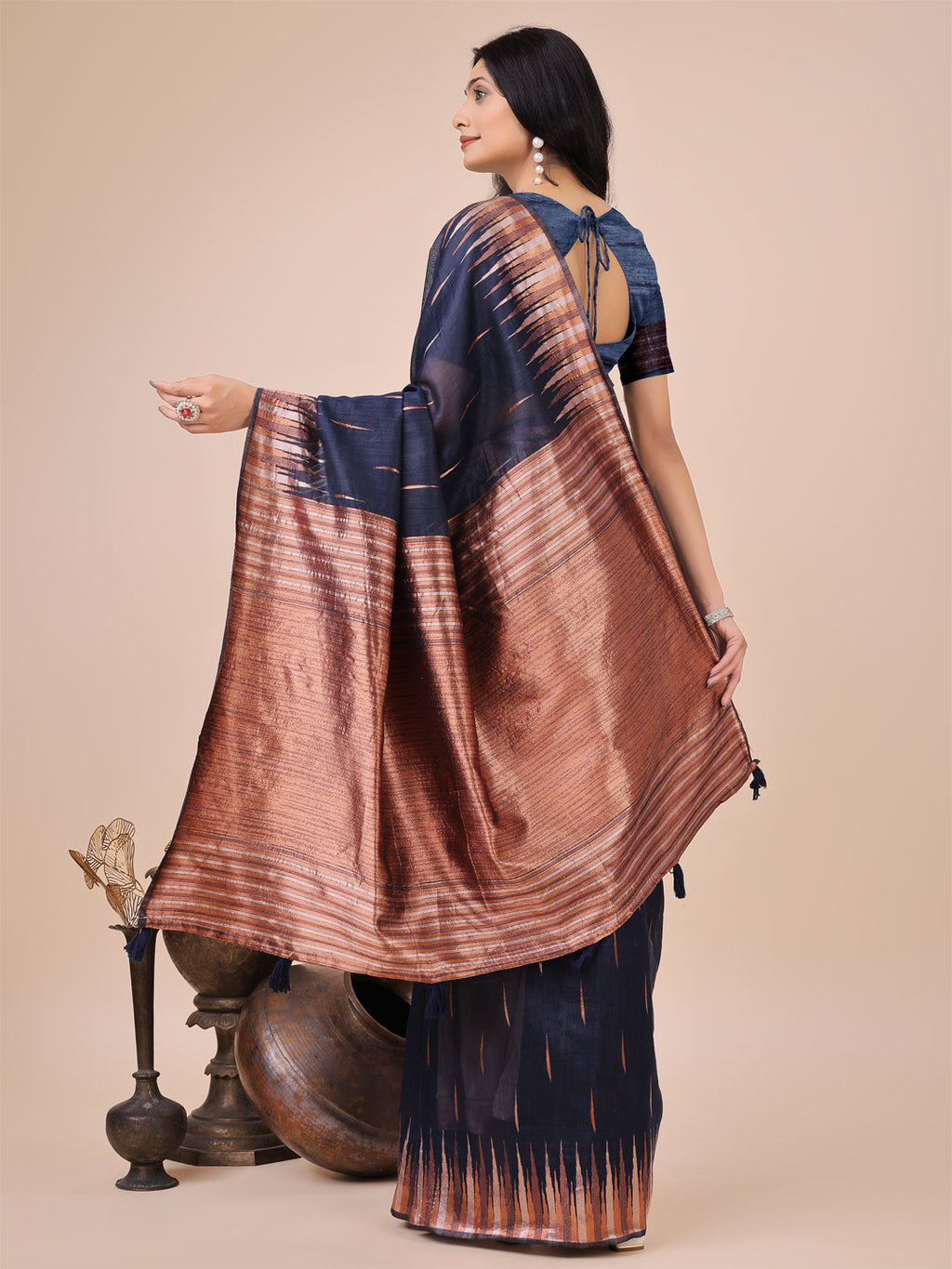 Navy Blue Linen Cotton Saree with Copper Zari Pallu