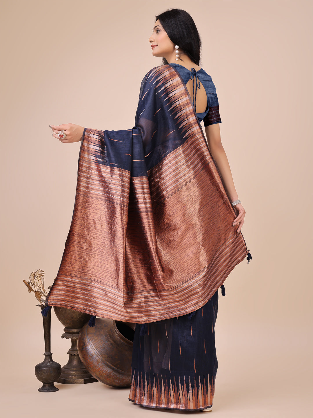 Navy Blue Linen Cotton Saree with Copper Zari Pallu