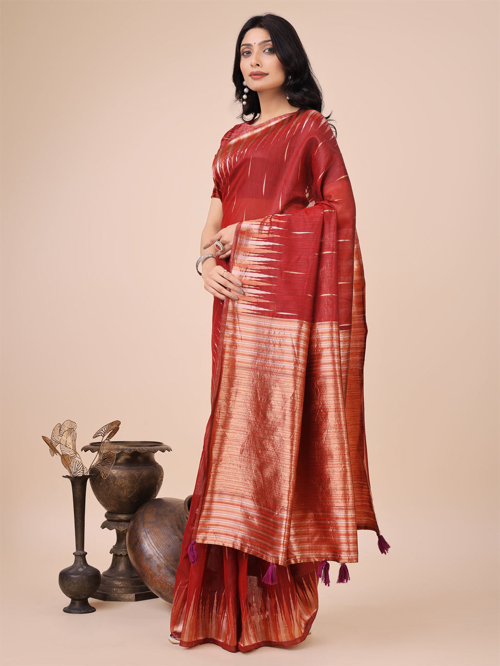 Red Linen Cotton Saree with Copper Zari Pallu and Brush Pattern