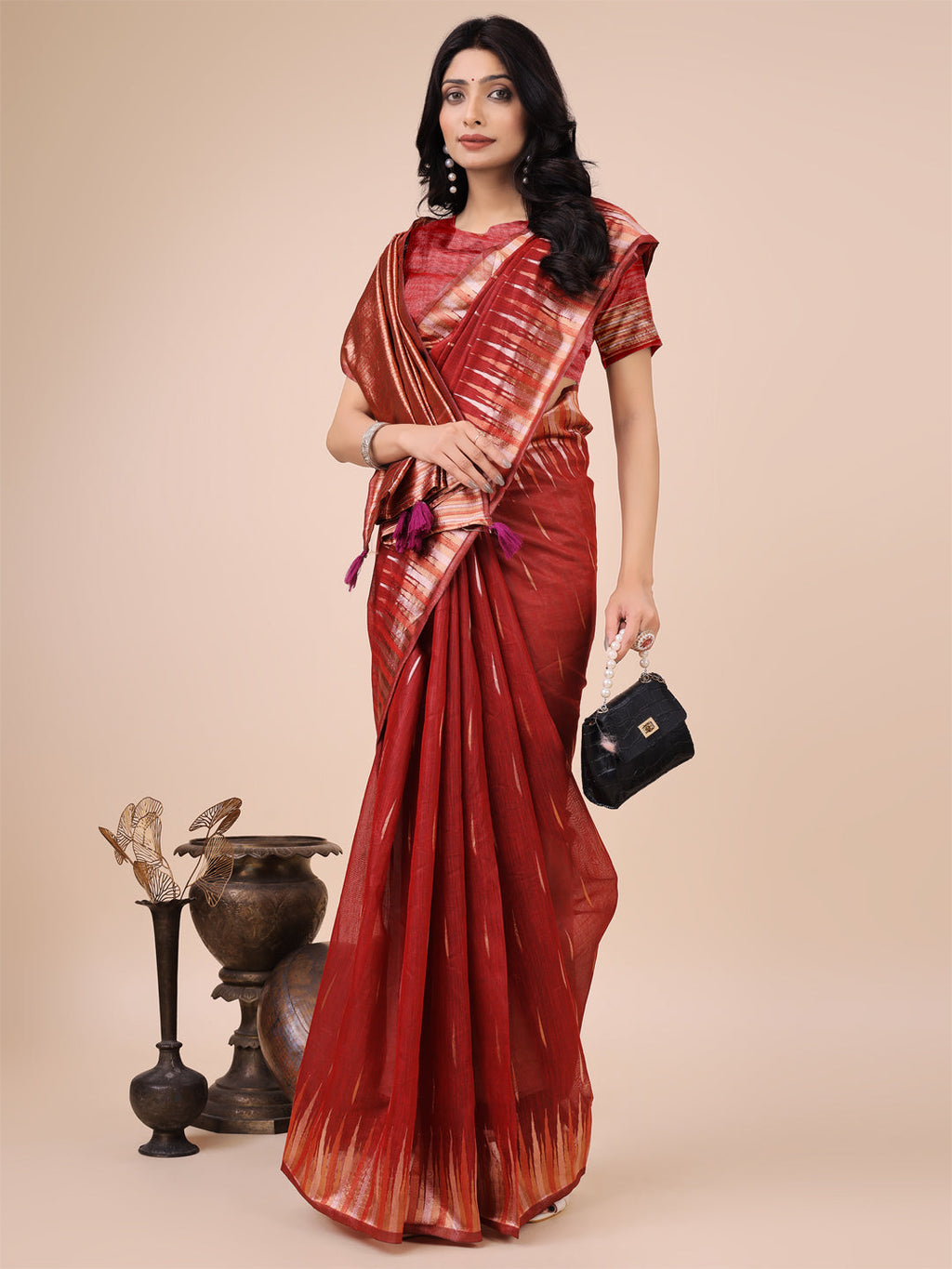 Red Linen Cotton Saree with Copper Zari Pallu and Brush Pattern