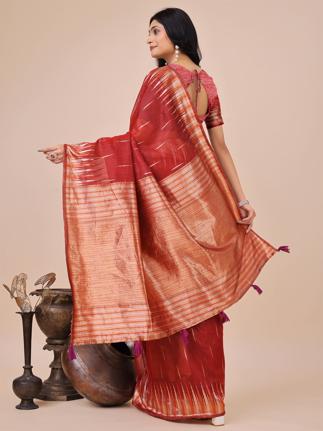 Red Linen Cotton Saree with Copper Zari Pallu and Brush Pattern
