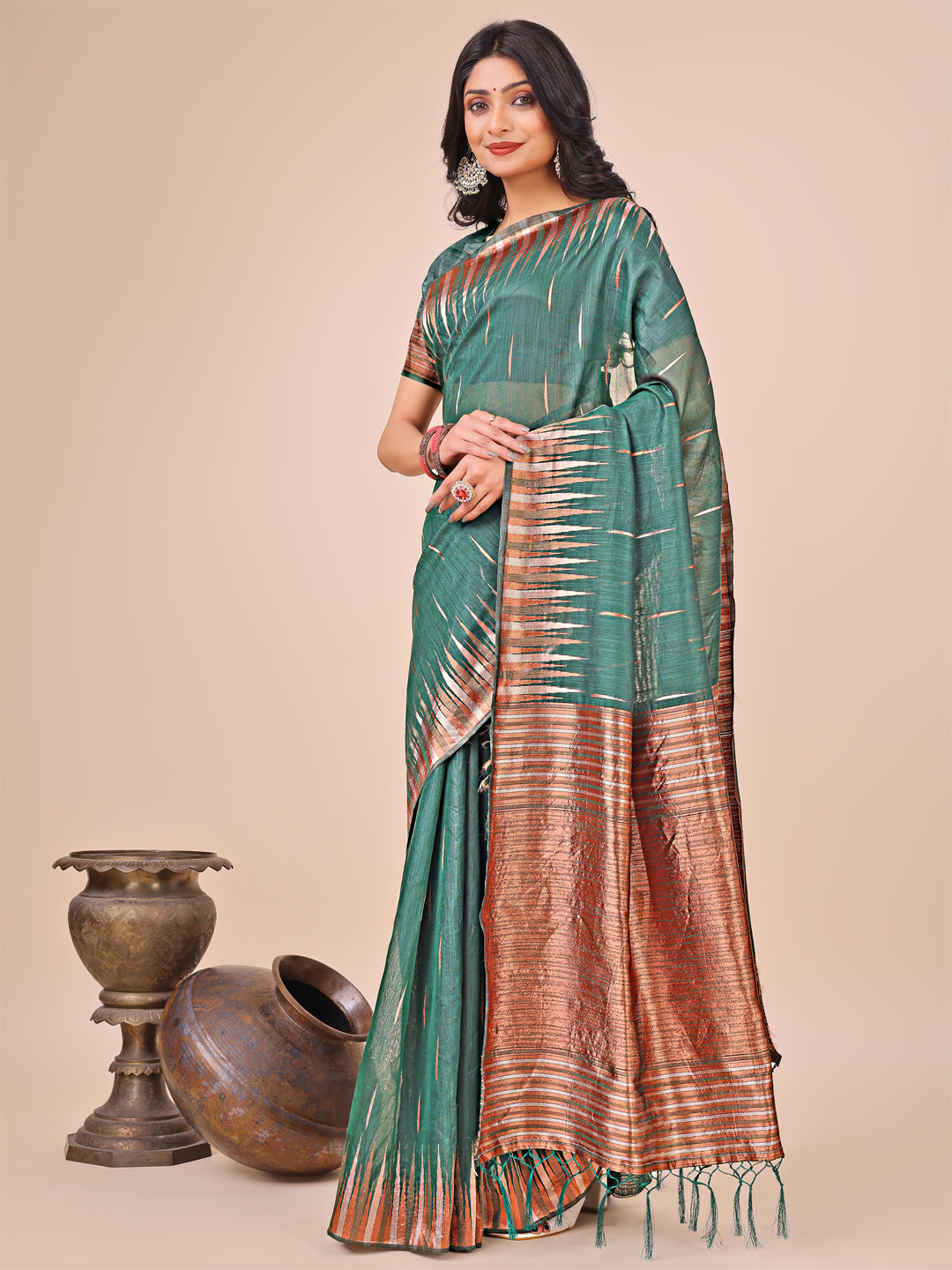 Shree Shyam Fashion Elegant Green Linen Cotton Saree with Copper Zari Pallu and Artistic Brush Pattern - Festive & Formal Wear