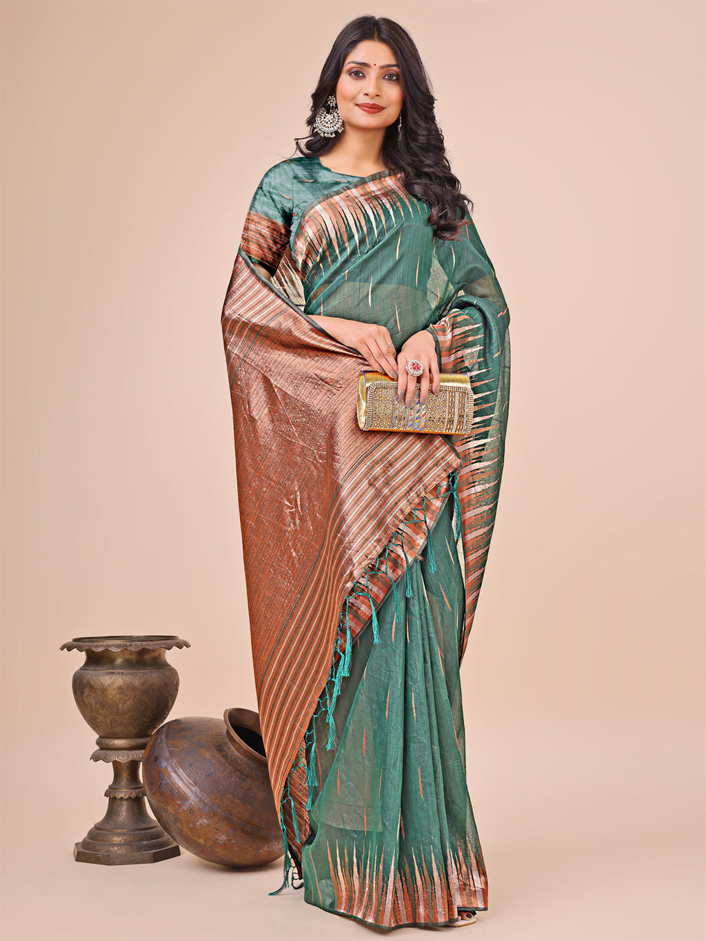 Shree Shyam Fashion Elegant Green Linen Cotton Saree with Copper Zari Pallu and Artistic Brush Pattern - Festive & Formal Wear