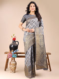 Grey Banarasi silk saree with intricate gold woven zari work and decorative tassels