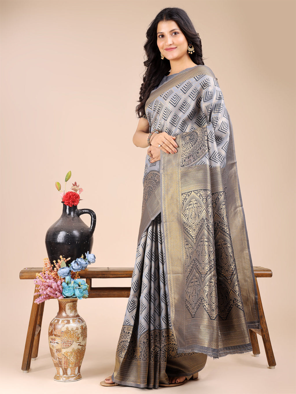 Grey Banarasi Silk Traditional Saree with Woven Zari and Tassels