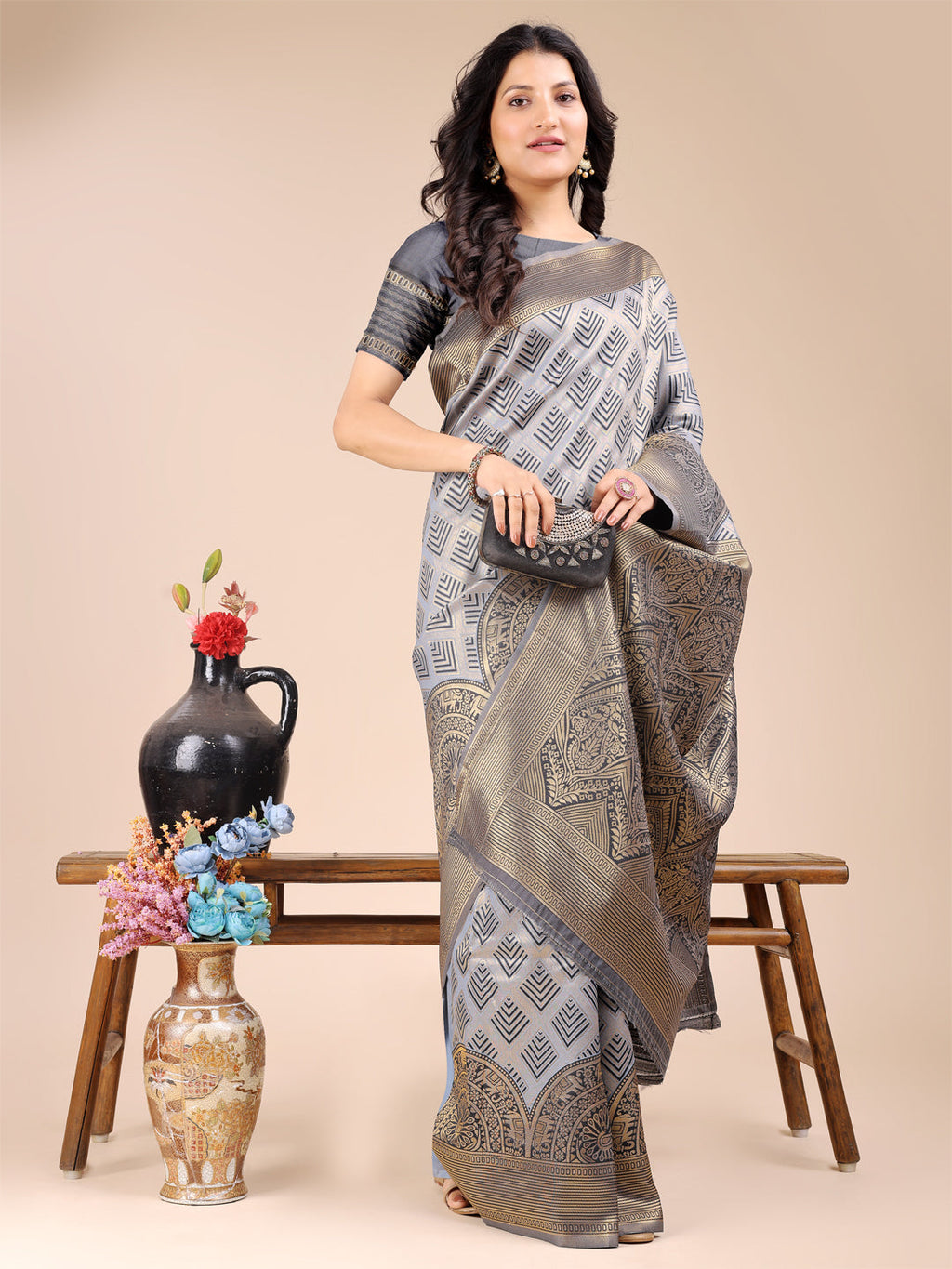 Grey Banarasi Silk Traditional Saree with Woven Zari and Tassels