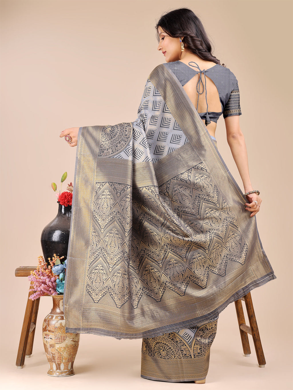 Grey Banarasi Silk Traditional Saree with Woven Zari and Tassels