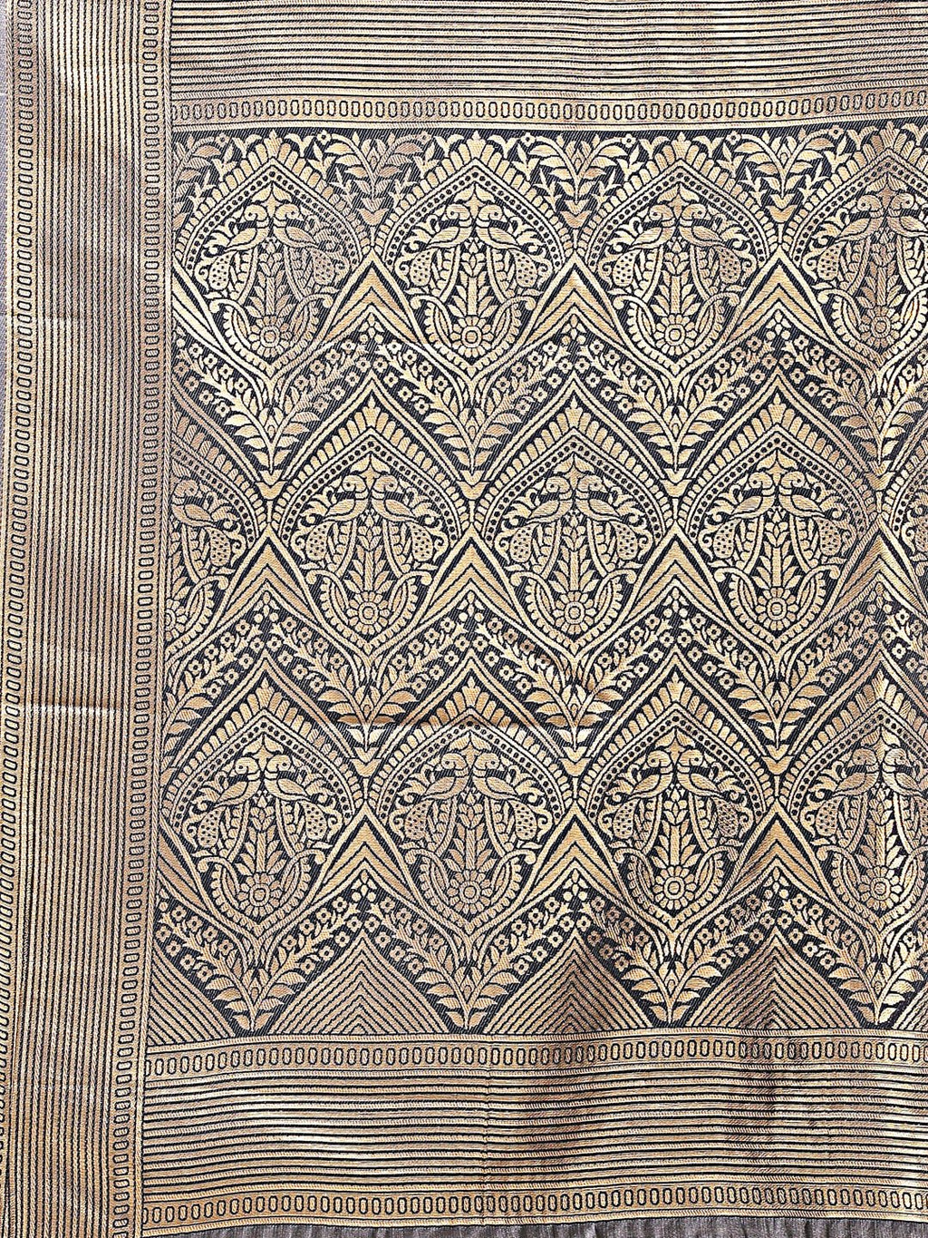 Grey Banarasi Silk Traditional Saree with Woven Zari and Tassels