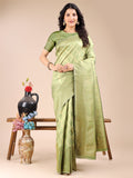 Light Green Banarasi Silk Saree with ornate gold zari work and delicate tassels on the pallu.