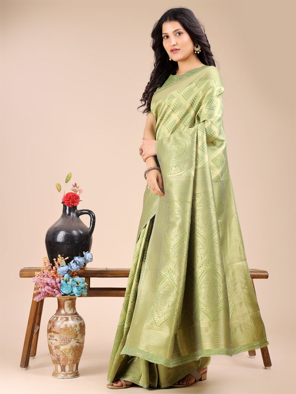 Light Green Banarasi Silk Saree with Zari Work and Tassels