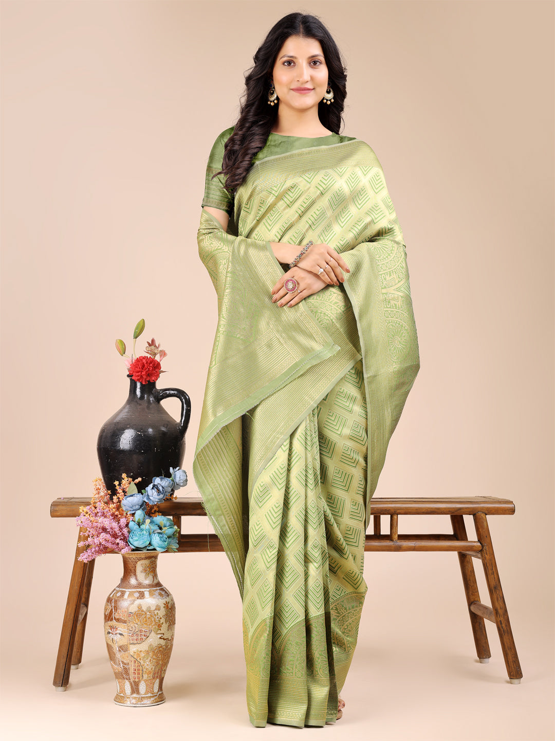 Light Green Banarasi Silk Saree with Zari Work and Tassels