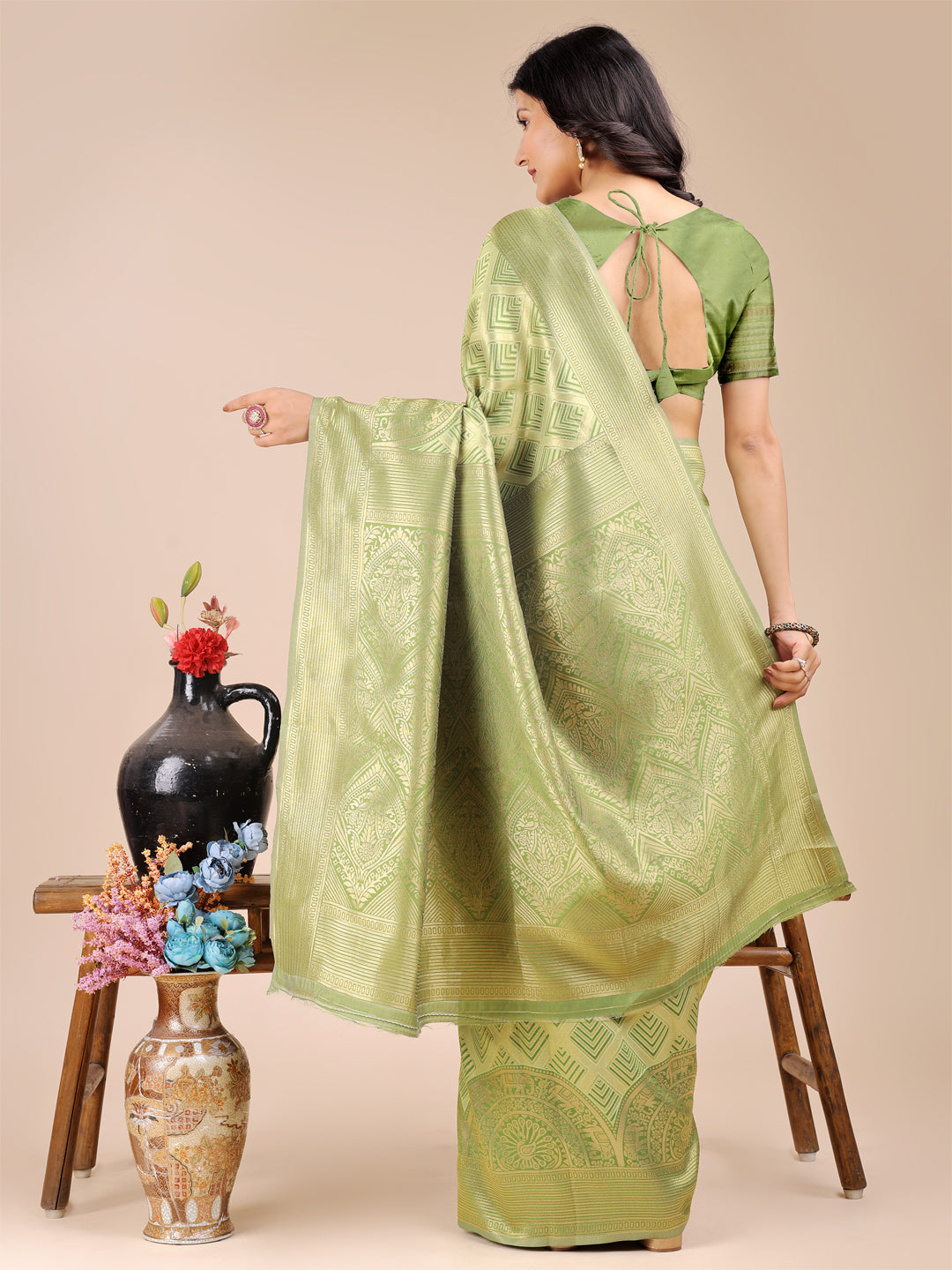Light Green Banarasi Silk Saree with Zari Work and Tassels