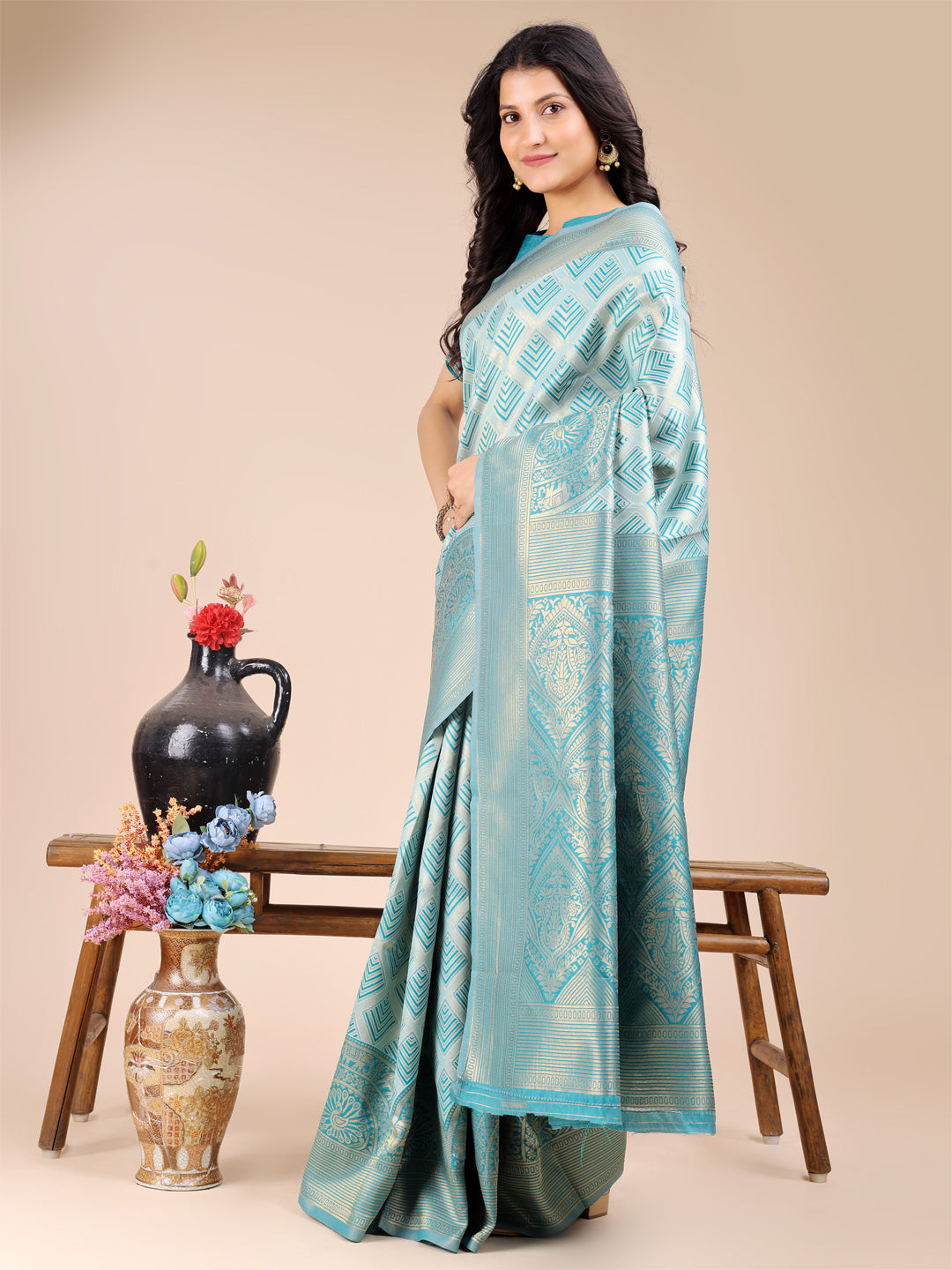 Sea Green Banarasi Silk Saree with Woven Zari and Tassels