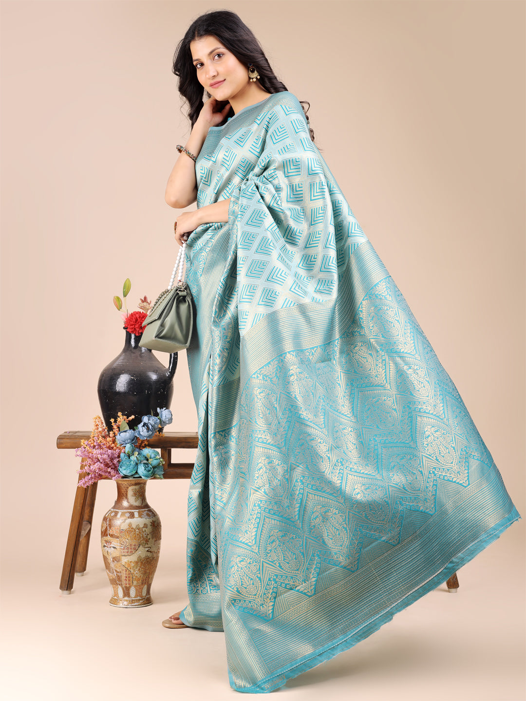 Sea Green Banarasi Silk Saree with Woven Zari and Tassels