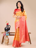 Yellow and red dual-tone Banarasi silk saree with woven zari border and tassels