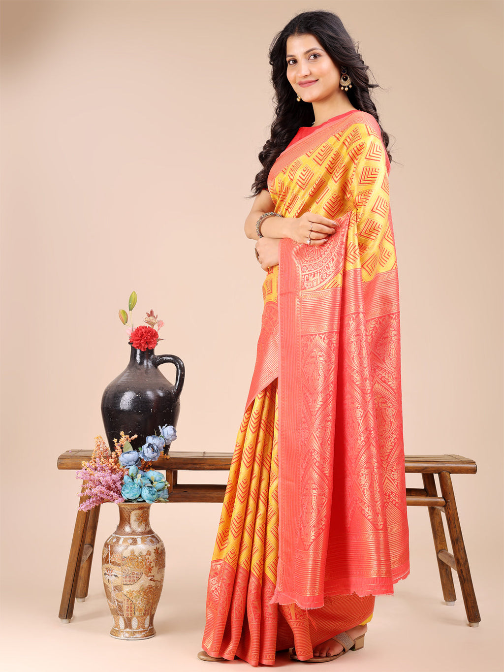 Yellow & Red Banarasi Silk Woven Zari Saree with Tassels