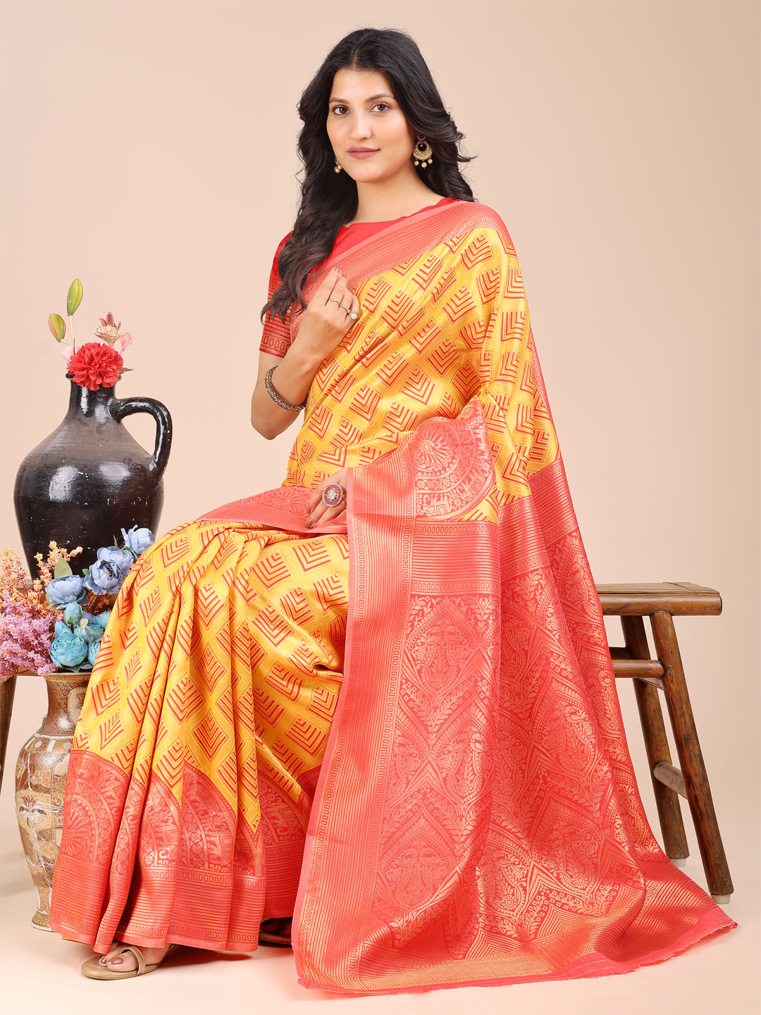 Yellow & Red Banarasi Silk Woven Zari Saree with Tassels