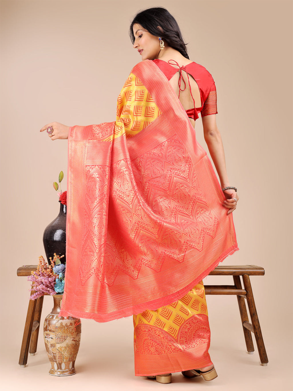Yellow & Red Banarasi Silk Woven Zari Saree with Tassels